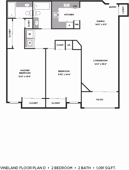 Floor plan for 2 beds, 2 baths, 1091 sqft