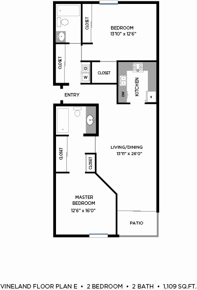 Floor plan for 2 beds, 2 baths, 1109 sqft