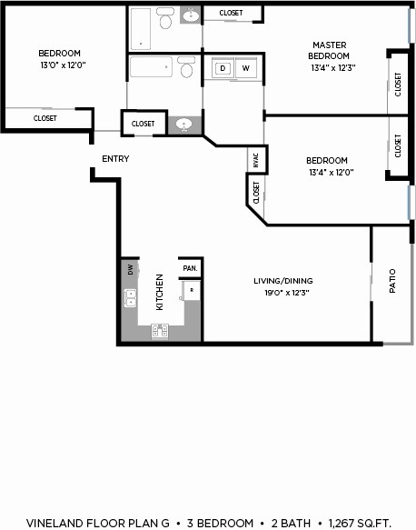 Floor plan for 3 beds, 2 baths, 1267 sqft