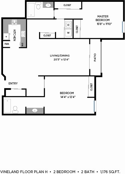 Floor plan for 2 beds, 2 baths, 1176 sqft