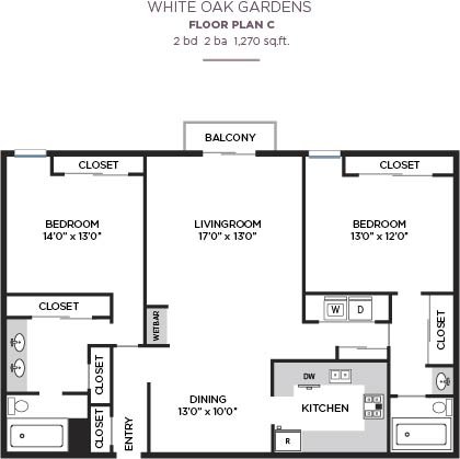 Floor plan for 2 beds, 2 baths, 1270 sqft