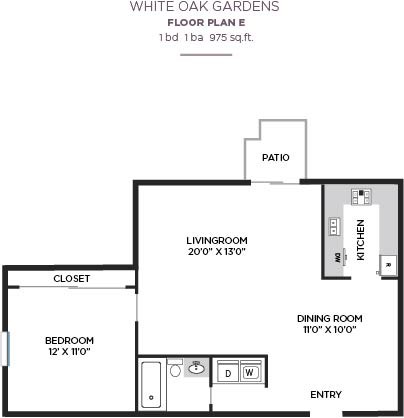 Floor plan for 1 bed, 1 bath, 975 sqft