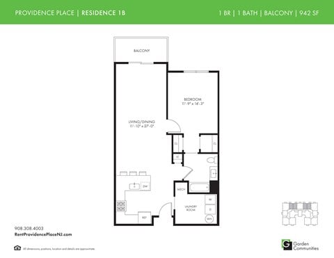 Floor plan for 1 bed, 1 bath, 942 sqft