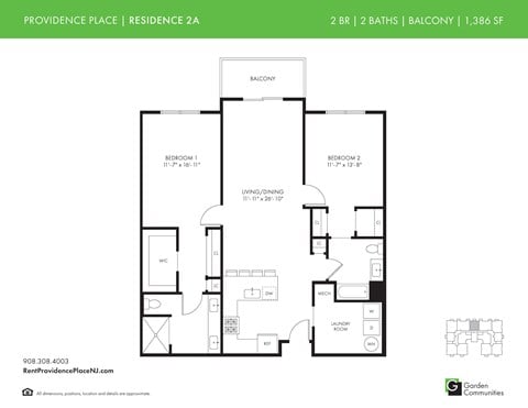 Floor plan for 2 beds, 2 baths, 1386 sqft