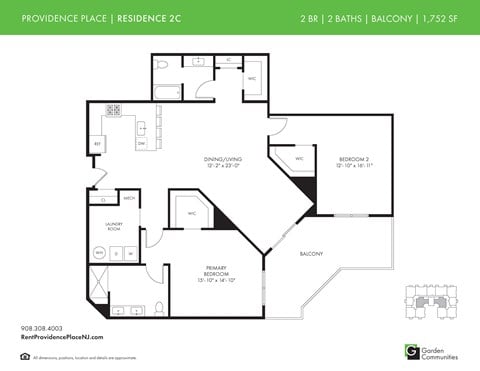 Floor plan for 2 beds, 2 baths, 1752 sqft