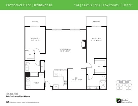 Floor plan for 2 beds, 2 baths, 1893 sqft