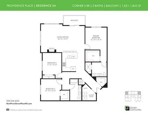 Floor plan for 3 beds, 2 baths, 1845 sqft