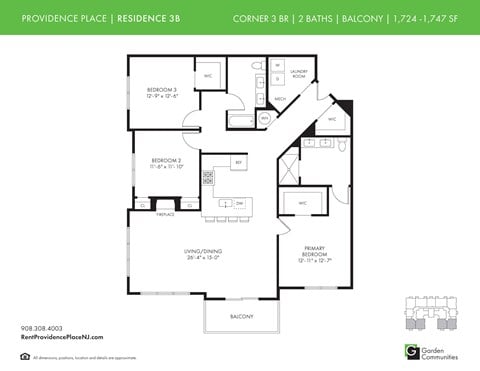 Floor plan for 3 beds, 2 baths, 1747 sqft