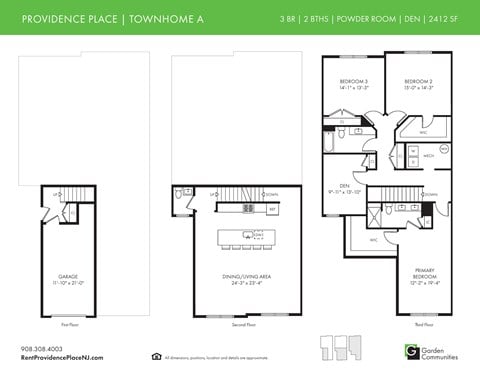 Floor plan for 3 beds, 2.5 baths, 2412 sqft