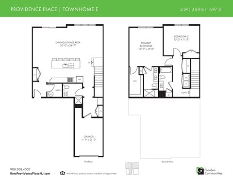 Floor plan for 2 beds, 3 baths, 1897 sqft