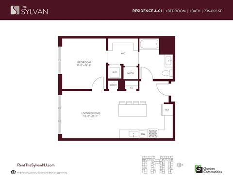 Floor plan for 1 bed, 1 bath, 736 sqft