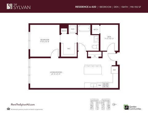 Floor plan for 1 bed, 1 bath, 822 sqft