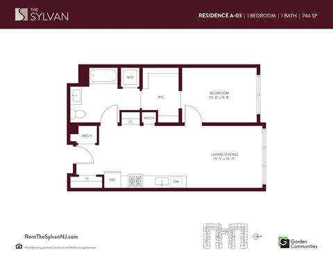 Floor plan for 1 bed, 1 bath, 744 sqft