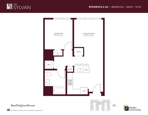 Floor plan for 1 bed, 1 bath, 721 sqft
