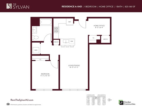 Floor plan for 1 bed, 1 bath, 861 sqft