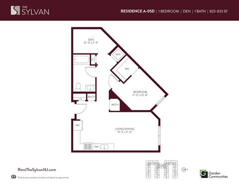 Floor plan for 1 bed, 1 bath, 832 sqft