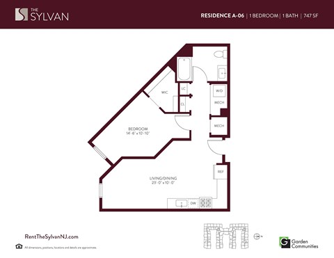 Floor plan for 1 bed, 1 bath, 747 sqft