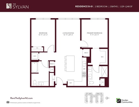 Floor plan for 2 beds, 2 baths, 1129 sqft