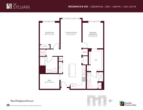Floor plan for 2 beds, 2 baths, 1370 sqft