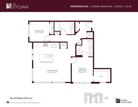Floor plan for 2 beds, 2 baths, 1299 sqft
