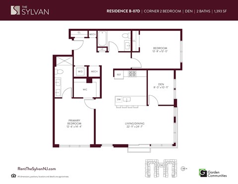 Floor plan for 2 beds, 2 baths, 1393 sqft