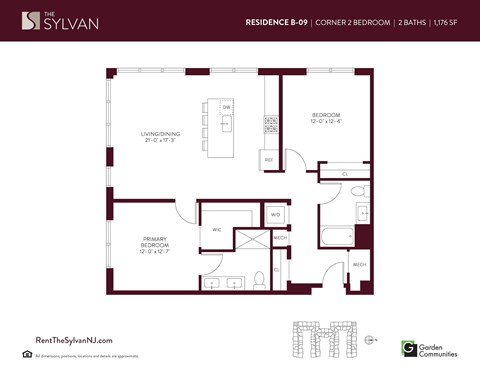 Floor plan for 2 beds, 2 baths, 1176 sqft
