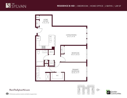 Floor plan for 2 beds, 2 baths, 1281 sqft