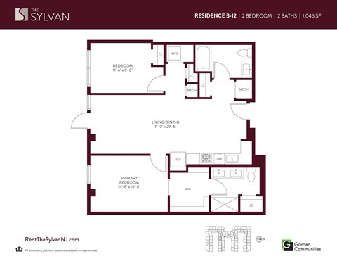 Floor plan for 2 beds, 2 baths, 1046 sqft