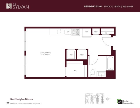 Floor plan for studio, 1 bath, 562 sqft