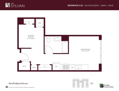 Floor plan for studio, 1 bath, 578 sqft