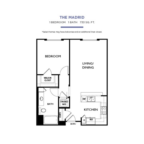 Floor plan for 1 bed, 1 bath, 733 sqft