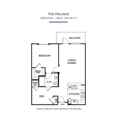 Floor plan for 1 bed, 1 bath, 879 sqft