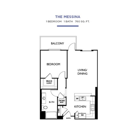 Floor plan for 1 bed, 1 bath, 760 sqft