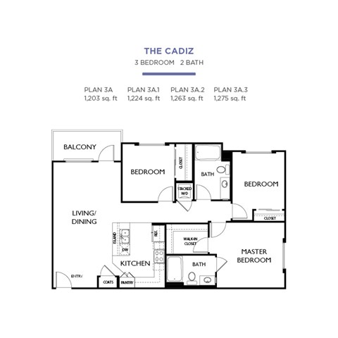 Floor plan for 3 beds, 2 baths, 1203 sqft