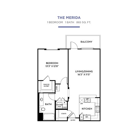 Floor plan for 1 bed, 1 bath, 865 sqft