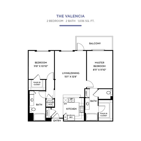 Floor plan for 2 beds, 2 baths, 1036 sqft