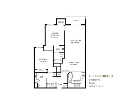 Floor plan for 2 beds, 2 baths, 1102 sqft