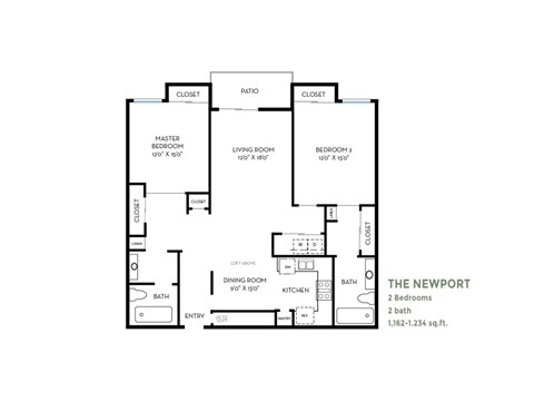 Floor plan for 2 beds, 2 baths, 1162 sqft