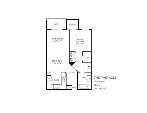 Floor plan for 1 bed, 1 bath, 848 sqft