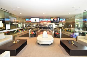 Private bowling alley with modern lounge area