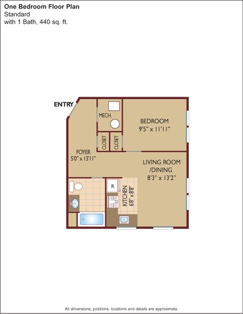 Floor plan for 1 bed, 1 bath, 485 sqft