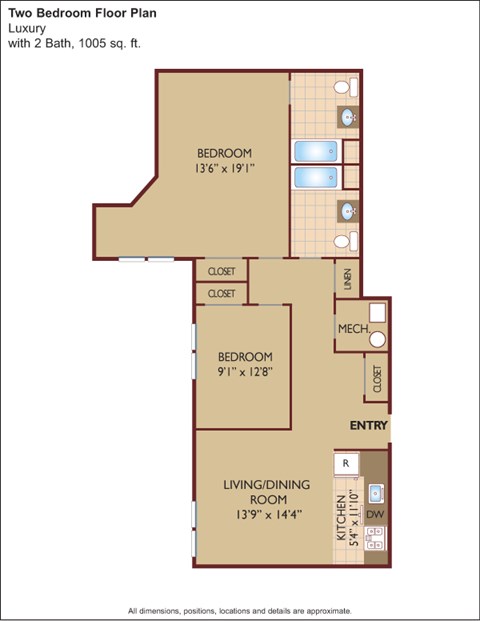 Floor plan for 2 beds, 2 baths, 370 sqft
