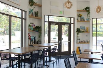 Bright cafe dining area with wooden tables and shelving