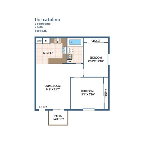 Floor plan for 2 beds, 1 bath, 800 sqft
