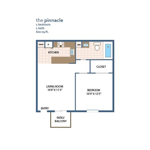 Floor plan for 1 bed, 1 bath, 600 sqft