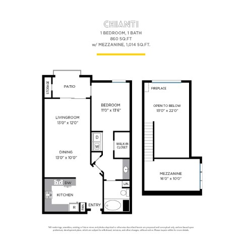 Floor plan for 1 bed, 1 bath, 1004 sqft