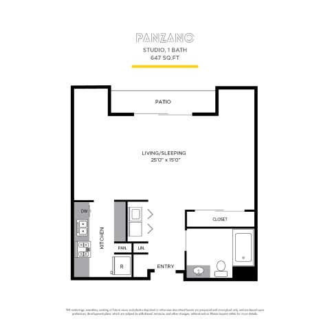 Floor plan for studio, 1 bath, 647 sqft