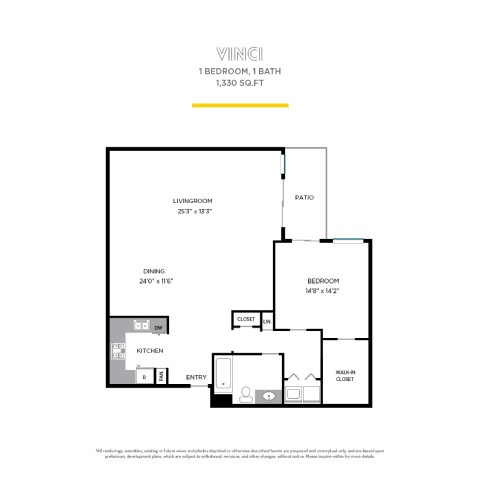 Floor plan for 1 bed, 1 bath, 1331 sqft