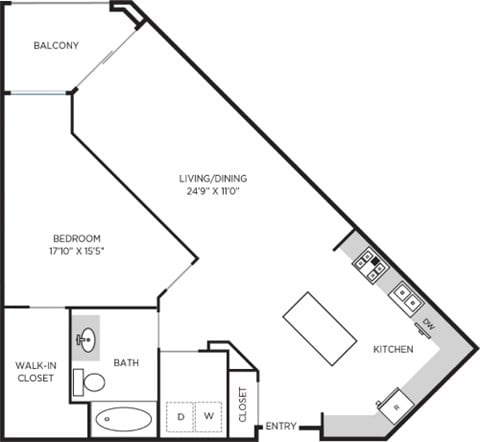 Floor plan for 1 bed, 1 bath, 940 sqft