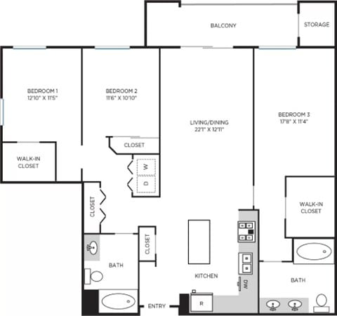 Floor plan for 3 beds, 2 baths, 1453 sqft
